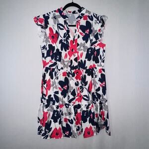 NWOT Women’s Floral Print Summer Ruffled V-Neck Dress Size Medium Blue Pink
